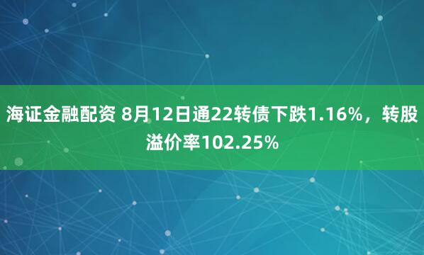 海证金融配资 8月12日通22转债下跌1.16%，转股溢价率102.25%
